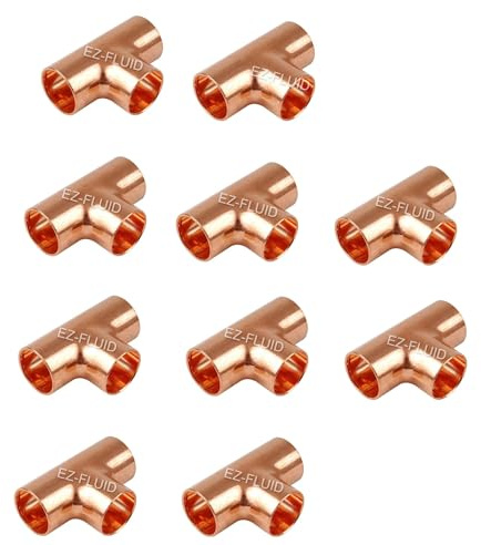 (10) EZ-FLUID 3/4 Copper Tee, C X C LF Sweat Solder Tee, Pressure Fittings with Sweat Solder Connection for Residential, Commercial Pipe Plumbing