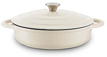 Barbary & Oak BO800253CRM Shallow Cast Iron Casserole Pan with Durable Enamel Interior, 28cm, Camembert Cream