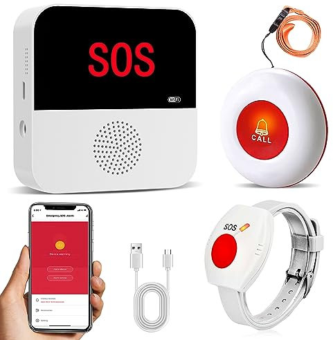 ChunHee WiFi Rechargeable Smart Personal Alarms For Elderly Wireless Caregiver Pager Panic Button Linked To Phone Nurse Calling Alert System for Elderly Patient Seniors Disabled Kids