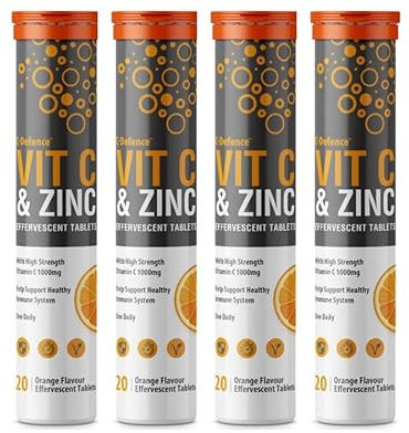 Vitamin C 1000mg & Zinc 15mg Orange Flavour Effervescent Tablets - High Strength Tablets for a Healthy Immune System (4 Tubes)