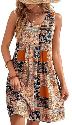 Arevill Robe d'été pour femme - Style bohème - Sans manches - Col rond - Fleurs - Décontractée - Robe de plage - Robe de loisirs - Mini robe