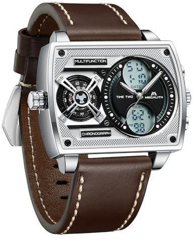 MEGALITH Herren Uhren Multi-Zeitzone Armbanduhr: Lederarmband Braun Große Quadratische Ziffernblatt - Digital Analog Quarz Uhr fur Männer