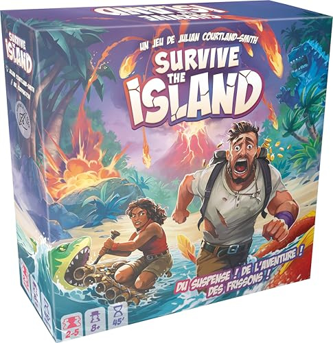 Asmodee - Survive the Island - Familj brädspel för barn från 8 år - överlevnadsspel - fly en ö med fallande tåg med skatter och monster - 45 min - 2 till 5 spelare - svenska
