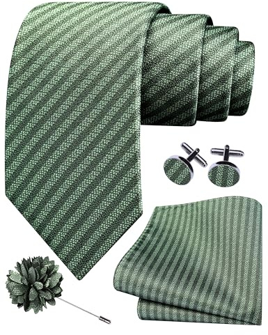 GUSLESON Sage Green Tie for Wedding Mens Silk Striped Necktie Pocket Square Cufflinks and Lapel Pin Brooch Set (6108-42)