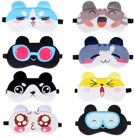 RUCUDIM Maschera per Dormire Animale, 8 Pezzi Maschera per Gli Occhi In Peluche, Carino Maschera Occhi di Cartone Animato Soffice, 8 Stili Mascherine per Dormire Bambini per Adulti e Bambini
