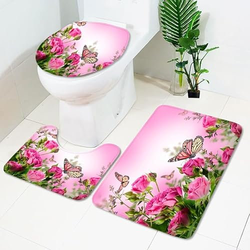 Badezimmerteppich Elegante Schmetterlingsblume WC Vorleger mit Ausschnitt WC Deckelbezug 3 Teiliges WC Teppich rutschfeste Badgarnitur U förmiger Badematte Waschbar Bad Teppiche Set 50x80 cm