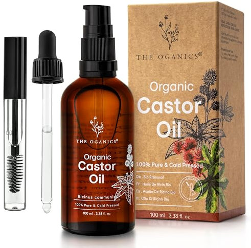 THE OGANICS® Aceite de Ricino Orgánico 100ml – 100% Puro, Natural & Prensado en Frío – Serum Cejas & Pestañas, Crecimiento Cabello, Barba & Uñas – Castor Oil– Botella de Vidrio + Bomba+ Kit de Rímel