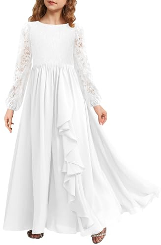 MITILLY Girls Lace Flower Maxi Dress Long Sleeve A-Line Ruffle Flowy Junior Bridesmaid Chiffon Dresses for Wedding Party 10 Years White