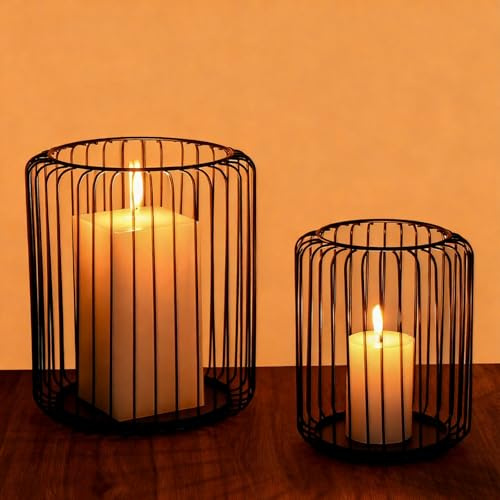 Czemo Kerzenständer Schwarz 2er Set,Stabkerze Metall Deko Kerzenleuchter, Kreativ Vintage Kerzen Ständer für Weihnachts Hochzeit Essen, 13 x 16cm und 18 x 21cm