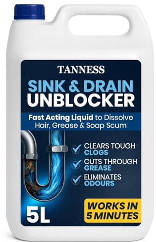 Tanness 5 Litre Drain Unblocker - Heavy Duty Sink & Drain Cleaner for Plug Holes, Toilets, Showers & Pipes - Powerful Toilet & Sink Unblocker for Home, Office, Garage & Shops - Cleaning Supplies