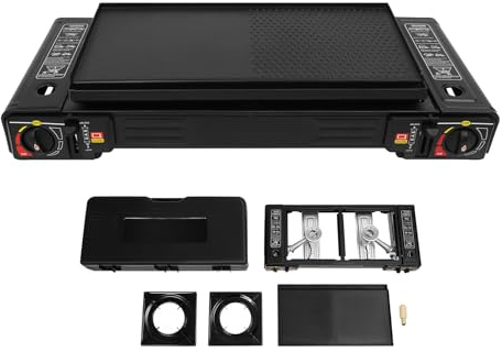 ROGONPDK campingspis med 2 lampor, bärbar campinggrill, gasrör, utomhus, camping, gaskokare, grillplatta, bordsgrill, resväska, aluminium, bordsgrill, gasspis, för grillfester på terrassen