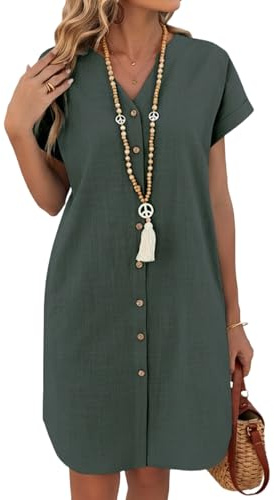 Zeagoo Vestiti Estivi Donna Elegante Scollo a V Vestito Manica Corta Abito in Lino Ampia Corto Camicia Abiti Tinta Unita Beach Cover Up Verde Alba Scuro XL