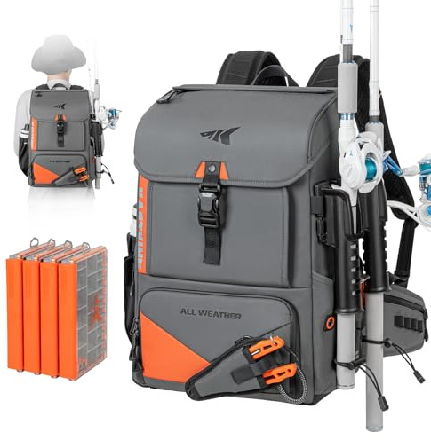 KastKing All Weather Fishing Tackle Backpack with 4 Waterproof Tackle Boxes & Removable Rod Holders,Waterproof ArmorShield Fabric Fishing Bag Storage Fishing Gear