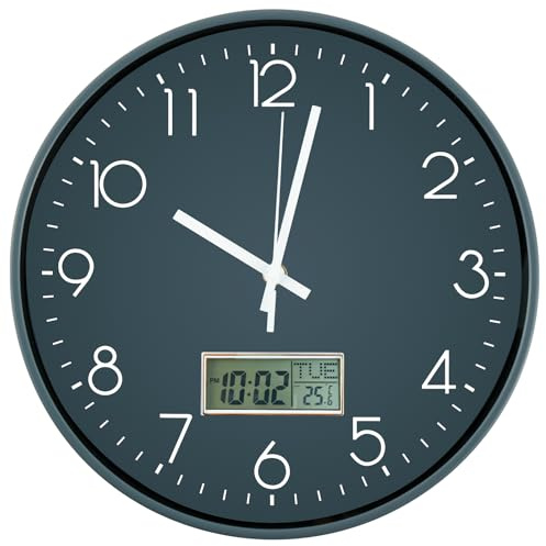 PEIZHIYC Tyst väggklocka med temperaturvisning och kalender, 30 cm modern radioklocka vägg med stor LCD-skärm digitala väggklockor för kök vardagsrum badrum kontor (grå)