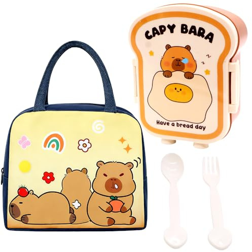 Capybara Scatole Bento Kit, Porta Pranzo Lunch Box con Borsa Termica Posate Schiscetta Pranzo con Scomparti Borse Frigo Pranzos Bento Box Studente Portapranzo Portatile per Scuola Picnic Uffici