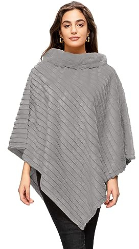 Glamexx24 damponcho elegant cape vinterpäls-poncho med rund hals, tjock kappa av varm stickad päls, GRÅ, One Size