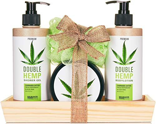 BRUBAKER Cosmetics Hemp Oil Body Care and Shower Set Fresh Mint & Aloe Vera with Wooden Tray (5 Pieces)