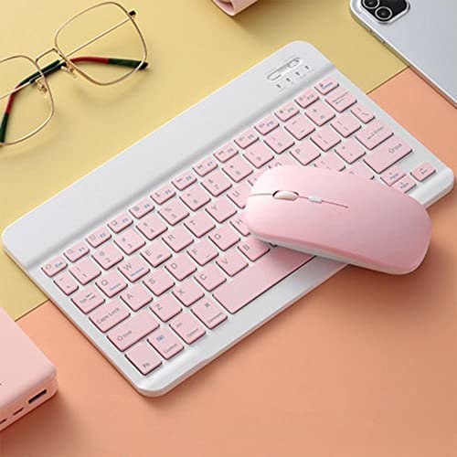 ISMMIK Bluetooth Keyboard and mouse set Ultra Slim Rechargeable Wireless 10“ Keyboard and mouse set for iPad/Samsung Tablets/Lenovo Tablets & Other iOS Android Windows Devices, Pink QWERTY UK Layout