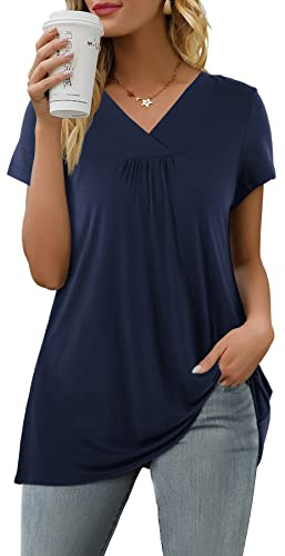 Florboom Ladies Tops V-Neck Plain Pleated T-Shirt Casual Loose Blouses Dark Blue Size 14-16