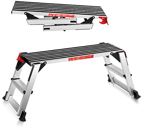 COSTWAY Aluminum Folding Hop Up Work Platform, Step Up Bench Ladder Stool with Safety Locks, Anti-slip Surface & Pads for Washing Decorating Vehicles, Supports Up to 150kg (Silver+Black, 128x53x49cm)