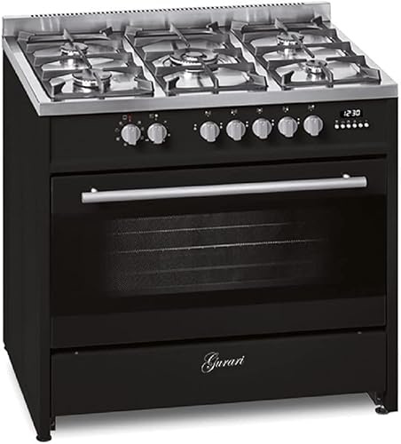 Gurari Cuisinière à gaz avec four électrique GCH E 911 BL Cuisinière à gaz, 90 cm, noire, Range Coocker5 Zones de cuisson 3,8 kW WOK, cuisinière à gaz propane/gaz naturel, 8 fours électriques