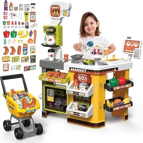 65Pcs Supermarché avec Chariot de Supermarché, Jouets Alimentaires, Caisse Enregistreuse de Magasin avec Scanner et Son, Jouet de Magasin pour Enfants de 3+ Ans, Cadeau d'anniversaire et de Noël
