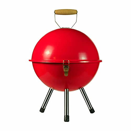 THINIA HOME - Barbecue à charbon village, acier/bois, pour jardin, terrasse, camping et camping, charbon, fonction grill, valve ventilation, design portable, Ø35,5 x 46 cm (diamètre x hauteur), rouge