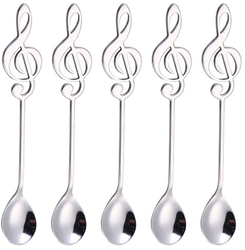 Cucchiaio da caffè con note musicali, 5 pezzi, in acciaio inox, per bevande da dessert, adatto per ristoranti e caffè