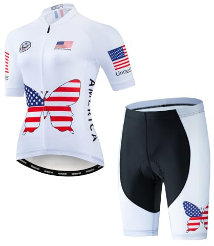 Weimostar Women Cycling Jersey Set 5D Gel Padded Shorts Short Sleeve Cycle Biking Shirt Girl Bicycle Clothing Breathable USA Flag Size S
