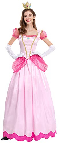 EFOGEP Melocotón Kost m Adulto Princesa Vestido para Mujer Manga Corta Puff Manga Cuello Cuadrado Halloween Navidad Carnaval Cosplay Kost m con Guantes y Corona Accesorios r Rosa L