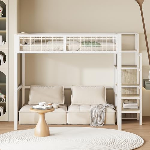Idemon Cama apilable 140 * 200 con escalera, cama infantil con marco de hierro y estante de almacenamiento, armario, camas para jóvenes, camas para adultos (Blanco)