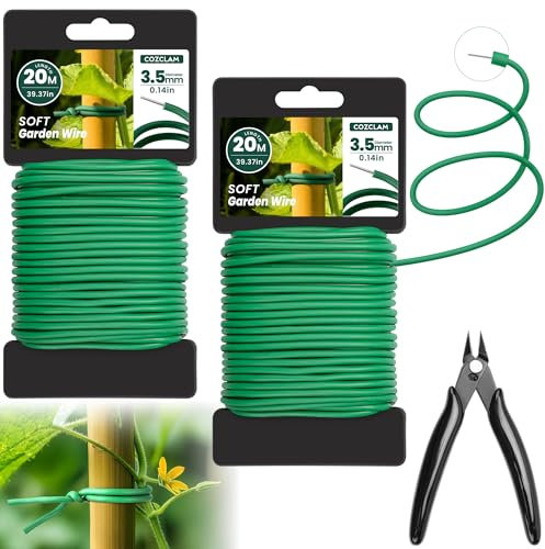 COZCLAM 2X 20M Alambre Jardin para Plantas Trepadoras con Cortador, 3.5mm Alambre Plastificado Verde para Jardinería, Vides, Atar Tomateras, Plantas Soporte, Alambre Verde para Flores e Manualidades