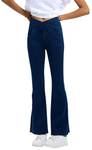 semen Womens Crossover High Waisted Stretchy Bell Bottom Jeans Pull On Tummy Control Flared Leggings Bootcut Denim Yoga Pants with Pockets