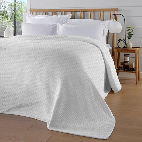 Olivia Rocco Florian Throw Blanket 100% Cotton Checked Design Bedspread Throws for Sofas armchairs Sofa Settee Couch Bed Cover Over Blankets 180 x 250 cm, White
