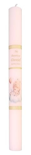 Vela de Bautizo Personalizada, Diseño de Ángel, Decoración Dorada, Mi Bautizo Daniel (3X30CM)