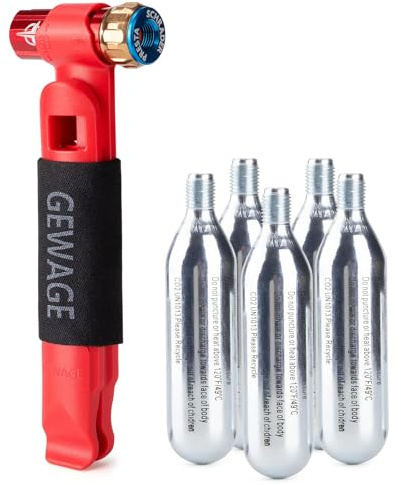 GEWAGE CO₂-cykelpump – Kompakt CO₂-patronpump för cykel med 2 däckavtagare och 5 × 16 g CO₂-patroner, kompatibel med 12 g / 16 g / 25 g, för Presta- och Schrader-ventiler