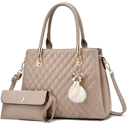 Nexum Womens Leather Handbags Top Handle Tote Satchel Shoulder Bag with Pompom for Ladies Perfect for Daily Use Khaki