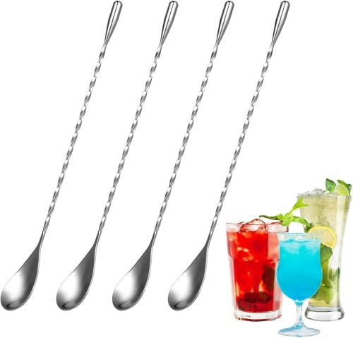 Set di 4 cucchiai da bar, cucchiaini lunghi, cucchiaio da cocktail, 25 cm, in acciaio inox, per mescolare long drink con motivo a spirale e lucidatura a specchio, design elegante, perfetto per Martini