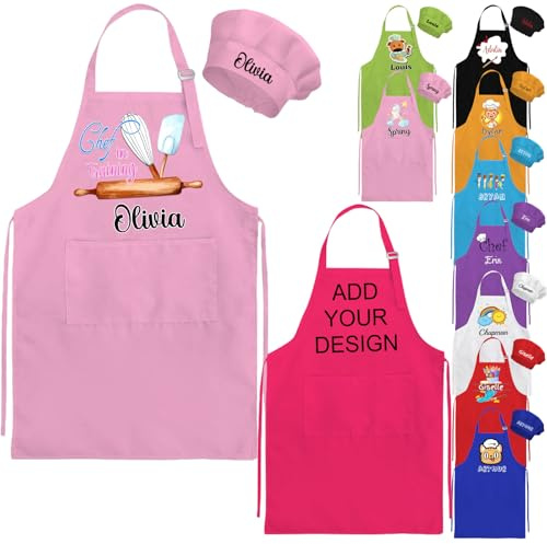 Personalised Kids Apron and Chef Hat Set for Girls Boys Custom Aprons with Pockets Name Logo for Kids Cooking Painting
