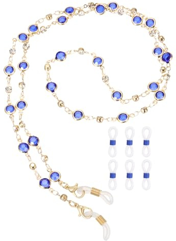 QUARKZMAN Cadena Para Gafas, 75cm Correa Para Gafas Con Rhinestones Estilo Máscara Portacarnet Con 6 Extremos De Cadena Para Mujer, Azul Oscuro