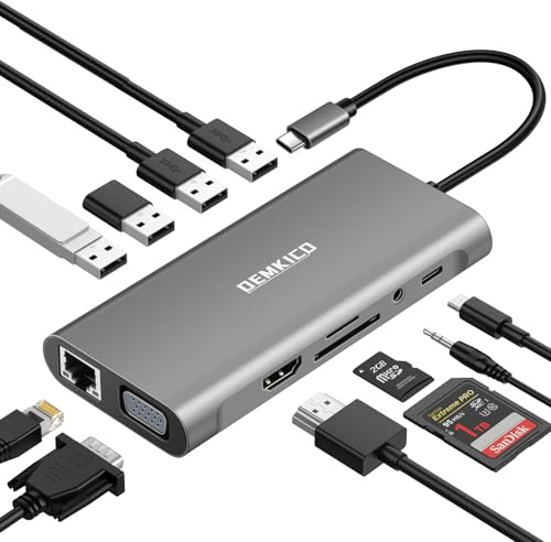 DEMKICO Hub USB-C 11-en-1 Multiport con 4K HDMI, 1080P VGA, 100W PD, USB 3.0, USB 2.0, Ethernet, SD/TF y Audio 3.5mm – Estación Docking USB-C versátil para Portátiles, Tabletas y Teléfonos