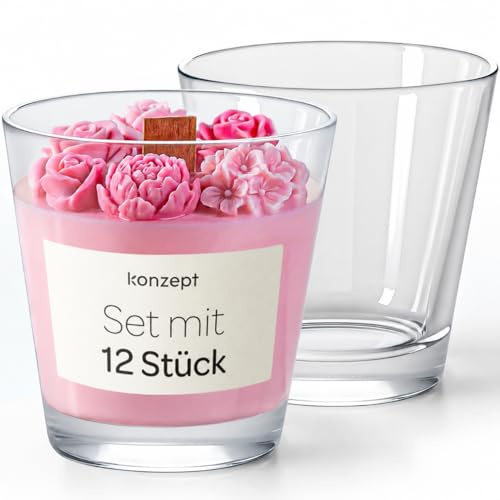 KONZEPT Lot de 12 petits bocaux en verre pour bougies - 180 ml - 8 × 7 cm - Idéal pour bougies chauffe-plat, décoration et bougies DIY