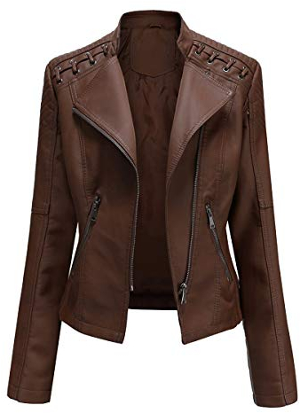 YYNUDA Lederjacke Damen Kurz Bikerjacke Reverskragen Motoradjacke Leder Jacke Übergangsjacke für Frühling Herbst（Kaffee L）