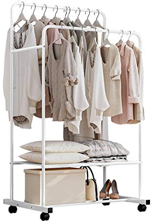 Isyunen Kleiderständer, Garderobenständer auf Rollen, mit 2 Kleiderstangen, 2 Ablage für Boxen (Weiß)