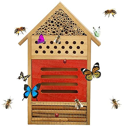 ANCLLO Casa de insectos de madera natural abeja hotel mariposa hábitat para jardines, mariquitas, cortador de hojas de mariposa y muchos otros insectos beneficiosos