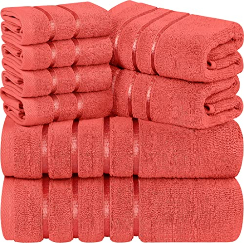 Utopia Towels 8-teiliges Luxus-Handtuch-Set, 2 Badetücher, 2 Handtücher und 4 Waschlappen, 600 g/m², sehr saugfähige Viskose-Streifen-Handtücher, ideal für den täglichen Gebrauch (Koralle)