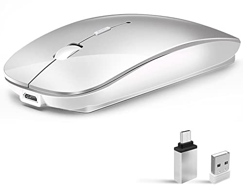 Funkmaus 2,4 GHz mit USB Empfänger für Laptop Computer-Wiederaufladbar Kabellose Maus Kompatibel mit Apple MacBook air/pro,iPad,Mac,Chromebook,PC, mit USB C Adapter (Weißsilber)