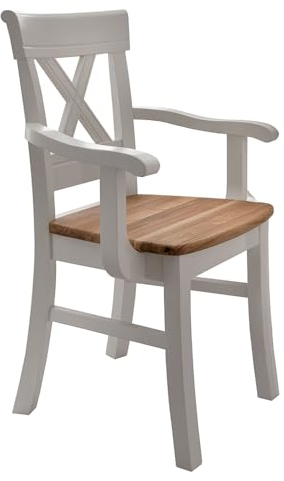 Lomadox Stuhl Armlehnstuhl, Kiefer weiß mit Eiche, Massivholz