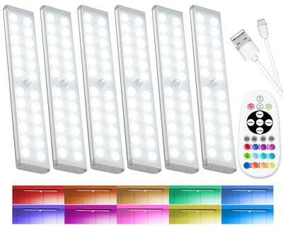 Under Cabinet Kitchen Lights Wireless, 58-LED RGB Motion Sensor Lights Indoor Rechargeable, Dimmable Closet Lights Remote, Under Counter Lights for Shelf Pantry Desk (6 Packs)