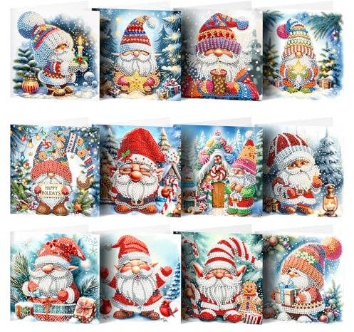 Toyhood 12 Pezzi Biglietti di Natale, 5D Diamond Painting Biglietti Natalizi DIY Diamante Pittura Biglietti d'Auguri Diamante Arte Biglietti di Natale per Capodanno Ringraziamento Natale (Style-A)
